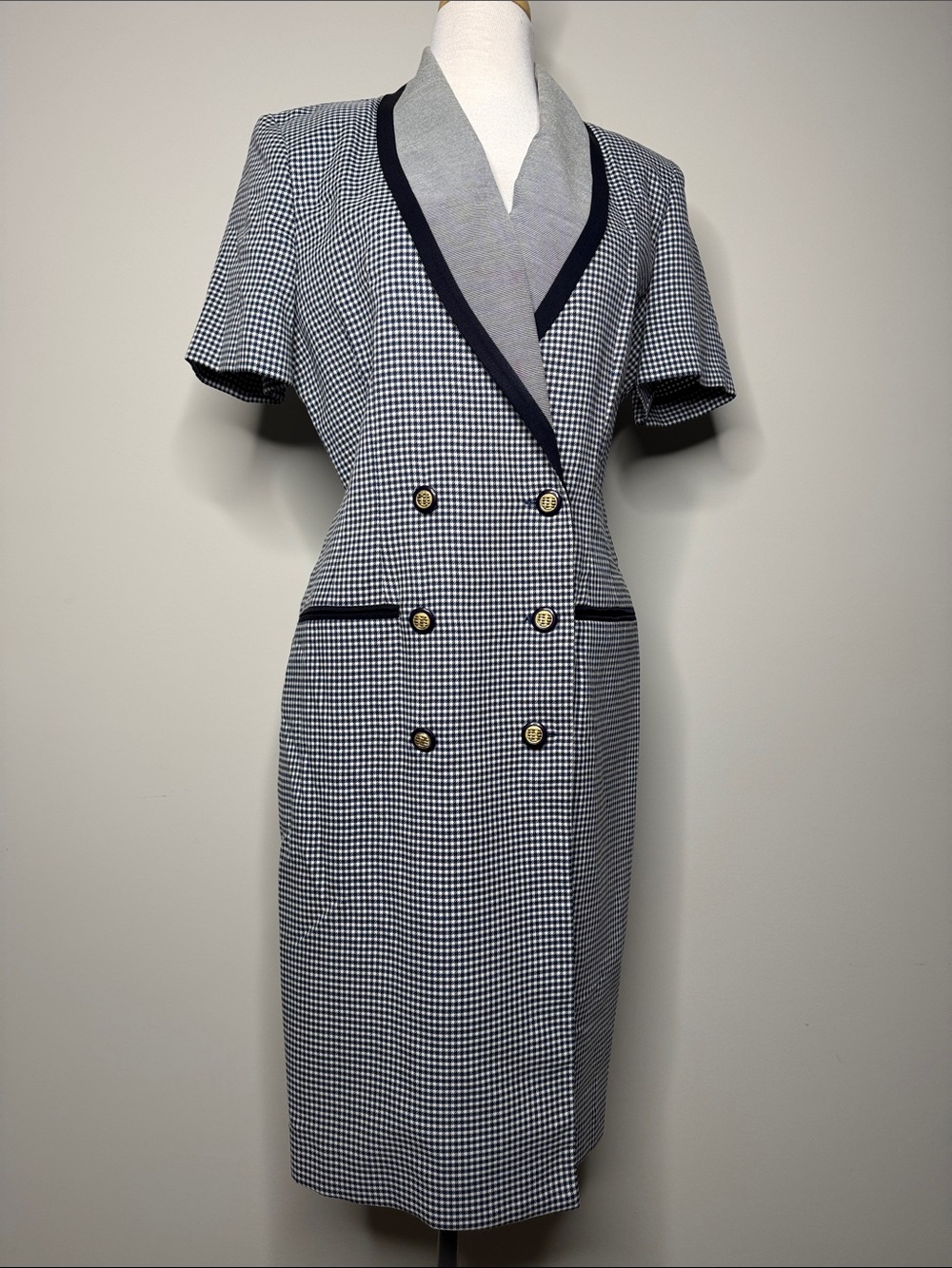 Vtg Danny & Nicole Classic Navy Check Double-Breasted Dress Size 12